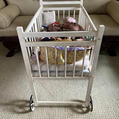 Vintage Baby Crib with Wheels with Vintage Dolls/Toys