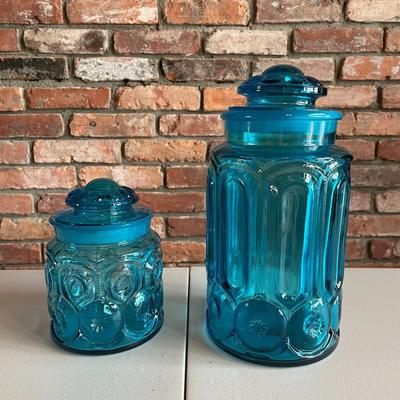 Vintage L. E. Smith Moon & Stars Blue Glass Apothecary Canisters / Jars
