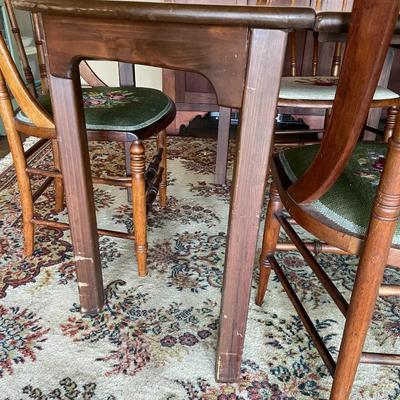 "HABERSHAM PLANTATION CO. TOCCOA, GEORGIA" Antique Dining Table and 6 Needlepoint Chairs