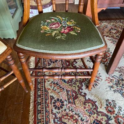 "HABERSHAM PLANTATION CO. TOCCOA, GEORGIA" Antique Dining Table and 6 Needlepoint Chairs