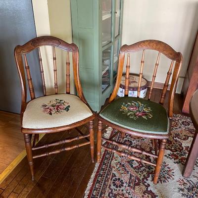 "HABERSHAM PLANTATION CO. TOCCOA, GEORGIA" Antique Dining Table and 6 Needlepoint Chairs