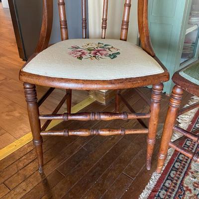 "HABERSHAM PLANTATION CO. TOCCOA, GEORGIA" Antique Dining Table and 6 Needlepoint Chairs