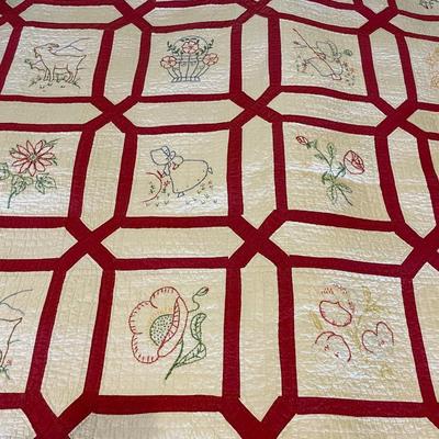 Vintage Quilt - Embroidered Red and White