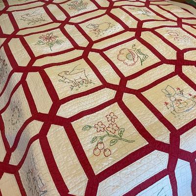 Vintage Quilt - Embroidered Red and White
