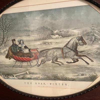 Currier And Ives Vintage "The Road WINTER" SLEIGH Americana Art Christmas Horses 1853