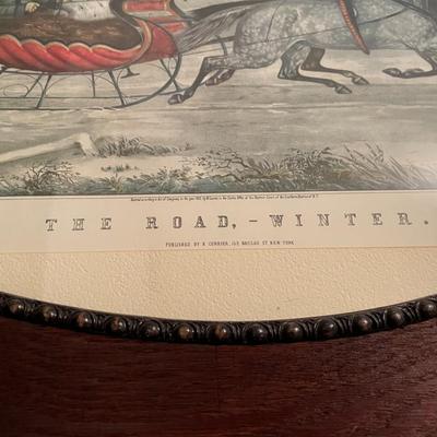 Currier And Ives Vintage "The Road WINTER" SLEIGH Americana Art Christmas Horses 1853