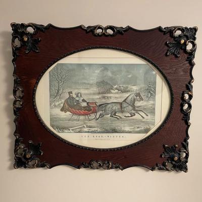 Currier And Ives Vintage "The Road WINTER" SLEIGH Americana Art Christmas Horses 1853