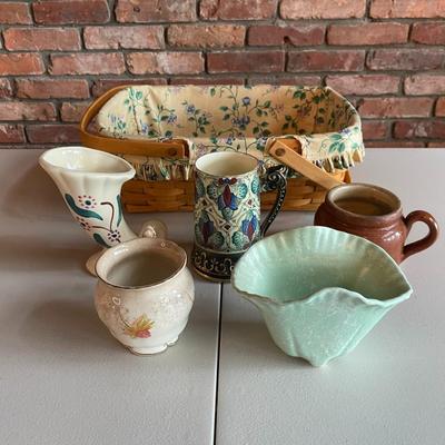 Lot of Vintage Ceramic and Pottery Vases, Jugs, and a Lined Wicker Basket