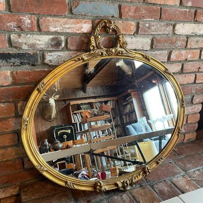 Carved Gold Gilt Wood Framed Wall Mount Oval Mirror