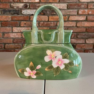Vintage Green Ceramic Purse Handbag Cookie Jar