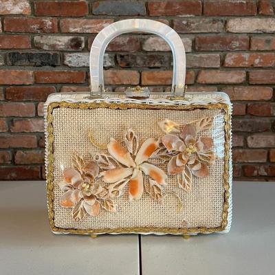 Vintage Woven Whicker Seashell Handbag Purse Lucite Details