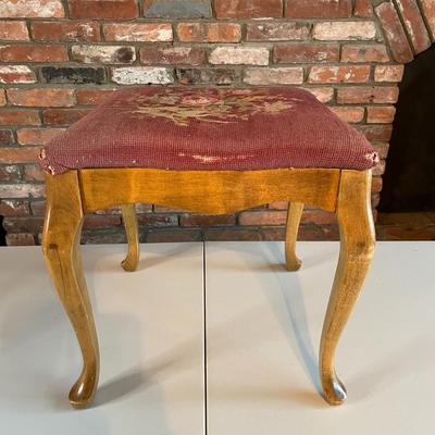 Queen Anne Style Wooden Foot Stool with Needlepoint Upholstery