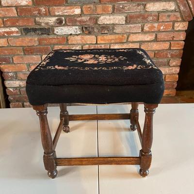 Victorian Style Wooden Foot Stool with Needlepoint Upholstery