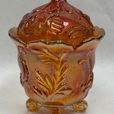 Imperial Glass Marigold Candy Dish, Carnival Glass Lidded, Footed