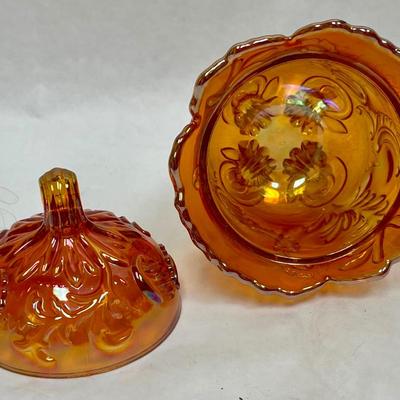 Imperial Glass Marigold Candy Dish, Carnival Glass Lidded, Footed