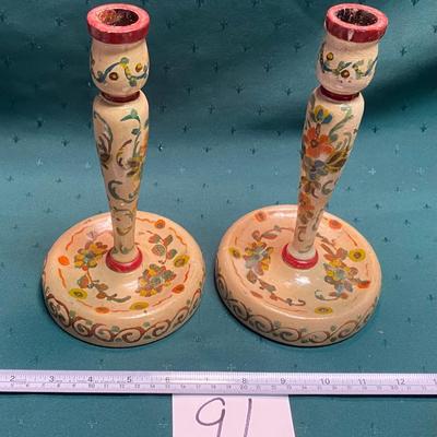 Vintage Wooden Painted Candle Holders