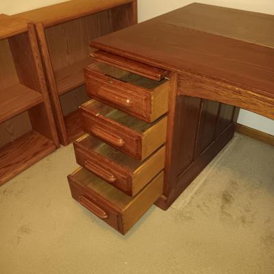 5 DRAWER, 1 CABINET SOLID WOOD DESK W/ 2 PULL-OUT SHELVES