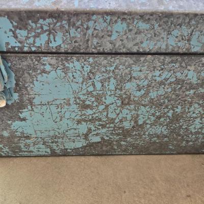 Vintage Chipped Blue Metal Tool Box with Tray