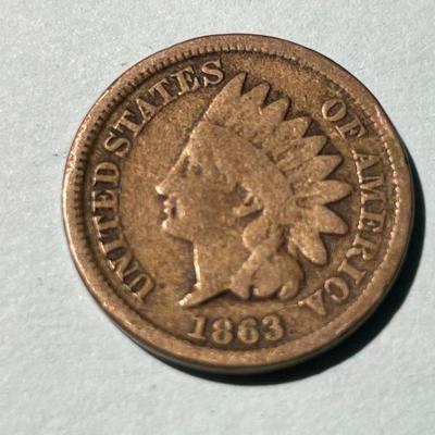 1863 CIRCULATED CONDITION INDIAN HEAD CENT AS PICTURED. (COIN #5).