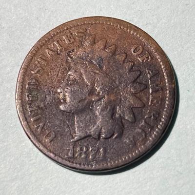 1874 CIRCULATED CONDITION INDIAN HEAD CENT AS PICTURED. (COIN #6).