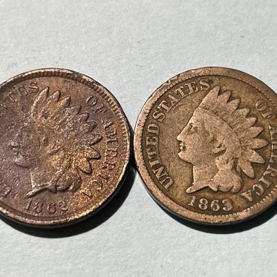1862 & 1863 CIRCULATED CONDITION INDIAN HEAD CENTS AS PICTURED. (COIN #7).