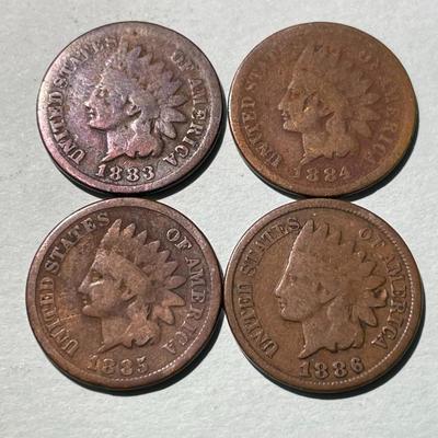 1883, 1884, 1885, & 1886 CIRCULATED CONDITION INDIAN HEAD CENTS AS PICTURED. (COIN #10).
