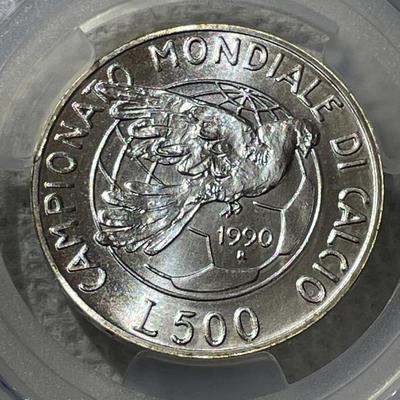 PCGS CERTIFIED ITALY 1990-R MS65 WORLD CUP KM-136 500 LIRE SILVER COMMEMORATIVE COIN.