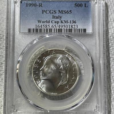 PCGS CERTIFIED ITALY 1990-R MS65 WORLD CUP KM-136 500 LIRE SILVER COMMEMORATIVE COIN.