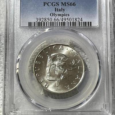 PCGS CERTIFIED ITALY 1988-R MS66 OLYMPICS 500 LIRE SILVER COMMEMORATIVE COIN.