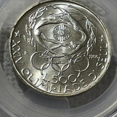 PCGS CERTIFIED ITALY 1988-R MS66 OLYMPICS 500 LIRE SILVER COMMEMORATIVE COIN.