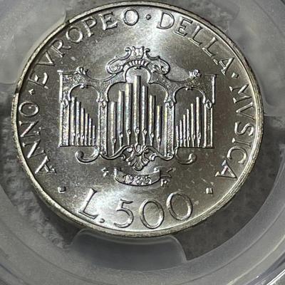 PCGS CERTIFIED ITALY 1985-R MS67 YEAR OF MUSIC 500 LIRE SILVER COMMEMORATIVE COIN.