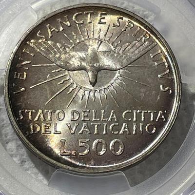 SCARCE PCGS CERTIFIED VATICAN CITY 1958 MS66 SEDE VACANTE 500 LIRE SILVER COMMEMORATIVE COIN.