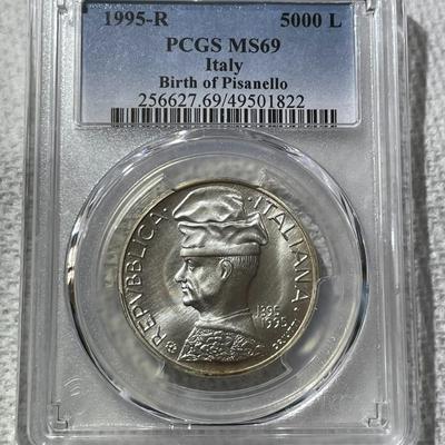 PCGS CERTIFIED ITALY 1995-R MS69 BIRTH OF PASANELLO 500 LIRE SILVER COMMEMORATIVE COIN. (PCGS POPULATION-1 NONE GRADED HIGHER).