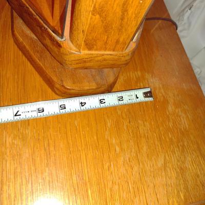 Vintage MCM Table Top 3-Way Lamp- Oak, Brass, and Etched Amber Glass (Choice A)