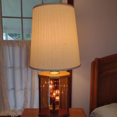 Vintage MCM Table Top 3-Way Lamp- Oak, Brass, and Etched Amber Glass (Choice B)