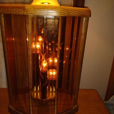 Vintage MCM Table Top 3-Way Lamp- Oak, Brass, and Etched Amber Glass (Choice B)
