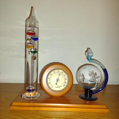 Table Top Galileo Thermometer, Hygrometer and Glass Fluid Barometer