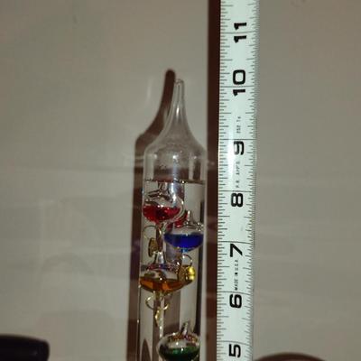 Table Top Galileo Thermometer, Hygrometer and Glass Fluid Barometer