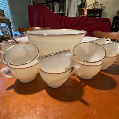 Vintage Anchor Hocking Pressed Milk Glass and Gold Luster Punch Bowl and Cups | Set of 12