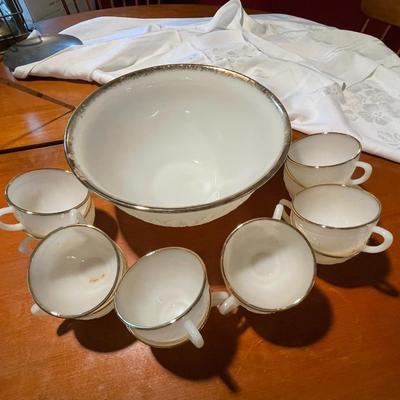 Vintage Anchor Hocking Pressed Milk Glass and Gold Luster Punch Bowl and Cups | Set of 12