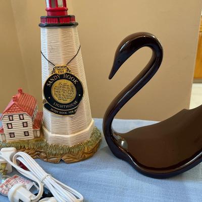 Swan ceramic holder and Lefton Sandy Hook lighthouse