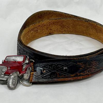 Men's Leather Belt with Red Jeep Belt Buckle by Buckles of America