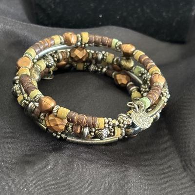 Brown and green wire beaded bracelet