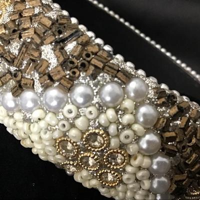 99 Hollywood Regency Style, Rhinestone, Faux Pearl and Gold Toned Bead, Large Bangle Bracelet, Costume Jewelry,
