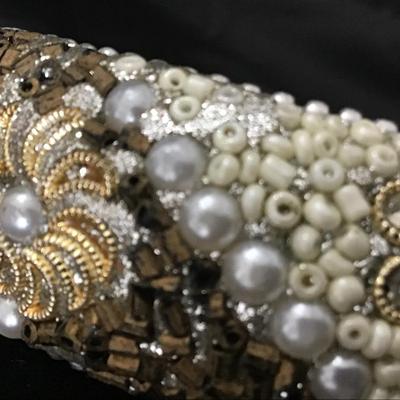 99 Hollywood Regency Style, Rhinestone, Faux Pearl and Gold Toned Bead, Large Bangle Bracelet, Costume Jewelry,