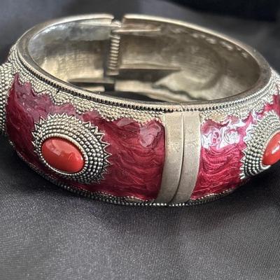 Vintage Italian Alpaca Silver Bracelet with Red Cabochons