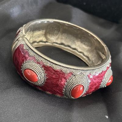 Vintage Italian Alpaca Silver Bracelet with Red Cabochons