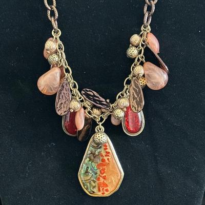 Vintage Gold tone Orange Peach Pink and Coral Beads with Decorative Findings Statement Necklace