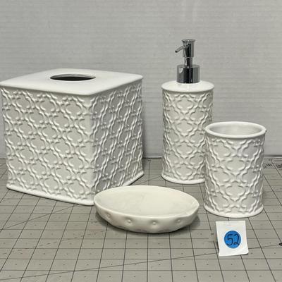 White Bathroom Accessory Set - Tissue Box, Soap Dispenser, Soap Dish and Cup