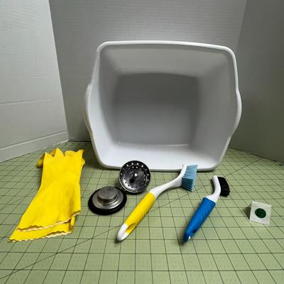 Cleaning Supplies - Gloves, Sink Stoppers, Cleaning Brushes, Wash Bin